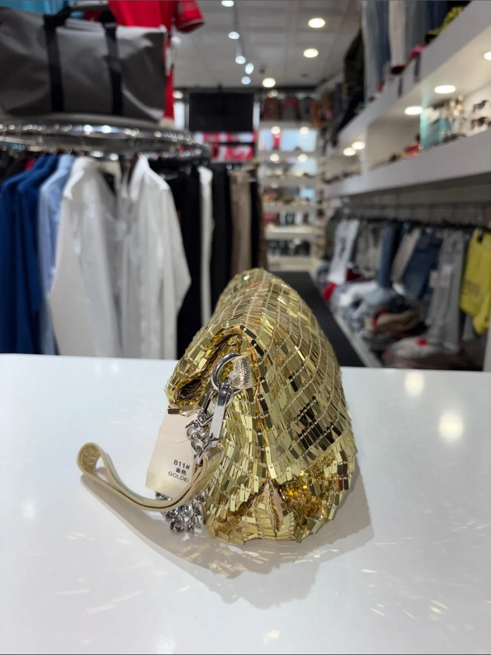 Gold Sequin Evening Clutch with Chain Strap